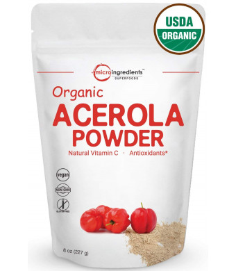 Pure USDA Organic Acerola Cherries Extract, Organic Vitamin C Powder, 8 Ounce, (Natural Vitamin C Powder). Powerful Immune System and Energy Booster, Non-Irradiated, Non-GMO and Vegan Friendly.