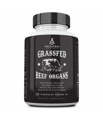 Ancestral Supplements Grass Fed Beef Organs (Desiccated)  Liver, Heart, Kidney, Pancreas, Spleen (180 Capsules)