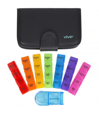 Vive Medicine Holder - Weekly and Daily Pill Organizer with Box Case - Splitter Cutter Included - Dispenser and Container for Medication 4 Times A Day - Slim 7 Day Leather Travel Holder
