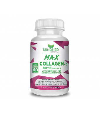 Sundhed Max Collagen Plus C (60 caps) - All Natural Collagen Capsules with Biotin and Bioperine to Boost Anti Aging Hydration and Skin Firmness - Collagen Pills to Strengthen Bones and Nails