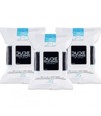 DUDE Face Wipes (3 Packs 30 Wipes) Unscented for Sensitive Skin Infused with Refreshing Sea Salt and Soothing Aloe, Moisturizing Face Cleansing Cloths for Men