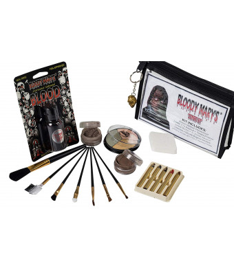 Zombie Makeup Kit By Bloody Mary - Halloween Costume Special Effects Palette - Walking Dead FX Makeup Tools - 5 Crayons, Blood, Setting Powder, 4 Application Brushes, 1 Sponge - Carrying Case Included