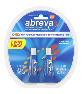 Abreva Docosanol 10% Cream Tube, Only FDA Approved Treatment for Cold Sore/Fever Blister, 4 grams Twinpack (two 2gram tubes)