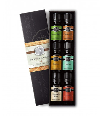 Woodshop Set of 6 Premium Grade  Fragrance Oils - Forest Pine, Fresh Cut Wood, Leather, Teakwood, Bamboo, Cedar