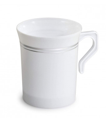 " OCCASIONS" 40 PACK, Heavyweight Disposable Wedding Party Plastic 8 oz Coffee Mugs Silver Trim/Tea Cups/Cappuccino Cups/Espresso Cup with Handles (8 oz Coffee White/Silver Rim)