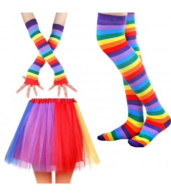 IETANG Women's Rainbow Long Gloves Socks and 3 Layered Tulle Tutu Skirt Party Accessory Set