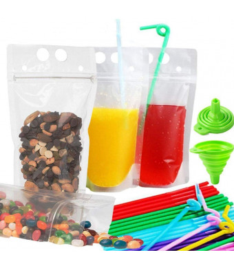 50 PCS Zipper Clear Stand-Up Plastic Pouches Bags with 50 Drink Straws, Heavy Duty Hand-Held Translucent Reclosable Heat-Proof Bag 2.4 Bottom Gusset