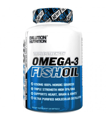 Evlution Nutrition Omega 3 Fish Oil 1250mg | HIGH EPA 450mg + DHA 300mg Triple Strength Burpless Capsules (120 Servings)