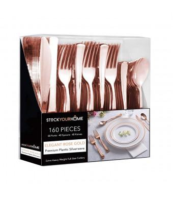 Stock Your Home Rose Gold Plastic Cutlery Set 160 Pack Disposable Silverware Heavy Duty Plastic 80 Forks, 40 Knives and 40 Spoons for Catering Events, Parties, Dinners, Weddings and Receptions