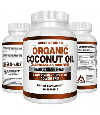 Organic Coconut Oil 2000mg - 100% Extra Virgin Cold Pressed for Weight Support, Skin, Hair, Nails - 120 Softgel Capsules - Arazo Nutrition