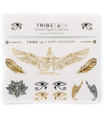 Ancient Egypt Collection - Designer Metallic Flash Temporary Tattoos by TribeTats - Black and Gold Egyptian, Henna Inspired Body Art - Includes: Armbands, Feathers, Goddess Isis - Boho Music
