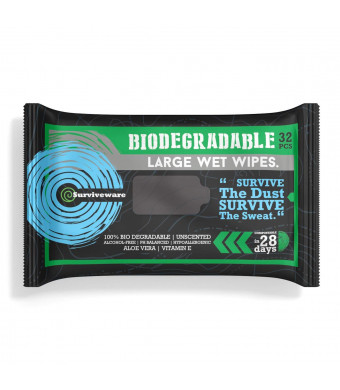 Surviveware Biodegradable Wet Wipes for No Rinse Bathing and Showers. Great for Camping, Travel, Body Cleansing, Personal Hygiene and Cleaning. Vitamin E and Aloe Enriched. Hypoallergenic and Unscented
