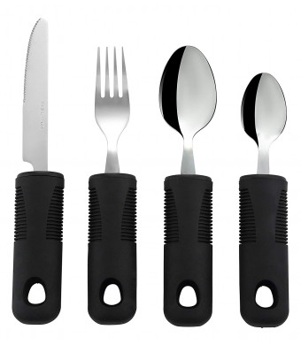 Adaptive Utensils (4-Piece Kitchen Set) Wide, Non-Weighted, Non-Slip Handles for Hand Tremors, Arthritis, Parkinson's or Elderly use | Stainless Steel Knife, Fork, Spoons - Black