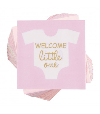 Baby Shower Cocktail Napkins - 100 Pack Welcome Little One Disposable Paper Party Napkins, Perfect for Girl Baby Shower Decorations and Gender Reveal Party Supplies, 5 x 5 inches Folded, Pink