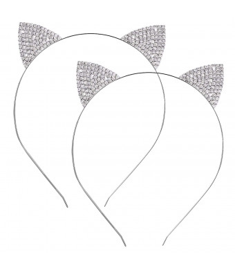 Hotop 2 Pack Crystal Rhinestone Metal Cat Ear Headband Hair Bands Headwear for Women Girls Hair Accessories