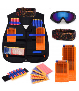 Forliver Kids Tactical Vest Kit, Kids Elite Tactical Vest Kit For Nerf N-strike Elite Series with 50 Refill Darts + 2 Reload Clips + Face Tube Mask + Protective Glasses