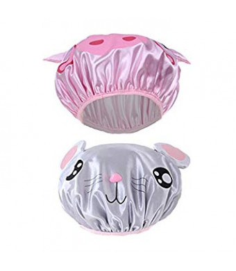 2 Pieces Cute Kids Shower Cap, Funny Cartoon Bath Hat,Boys or Girls Waterproof Shower Bath Caps (Gray Mouse + Pink Pig)
