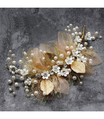 Wedding Headpieces Flower Wreath, Pearls Headband Tiara, Crystals Hair Accessories for Bride Bridesmaid, Gold (7.9 x 3.5)