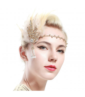 BABEYOND Art Deco 1920's Flapper Great Gatsby Inspired Leaf Medallion Pearl Headband Black Feather (Gold and Champagne Feather)