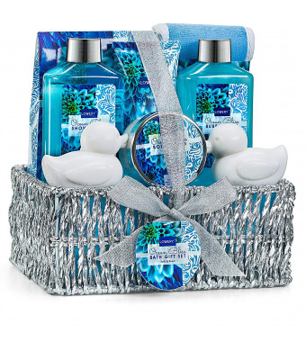 Spa Gift Basket in Heavenly Ocean Bliss Scent - 9 Piece Bath and Body Set With Shower Gel, Bubble Bath, Bath Salt, Body Lotion and more! Great Wedding, Anniversary, Birthday or Graduation Gift for Women