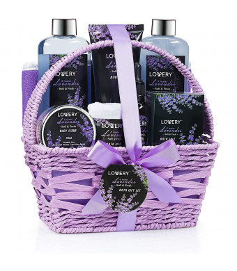 Home Spa Gift Basket, Luxurious 9 Piece Bath and Body Set for Women/Men, Lavender and Jasmine Scent - Contains Shower Gel, Bubble Bath, Body Lotion, Bath Salt, Scrub, Massage Oil, Loofah and Basket