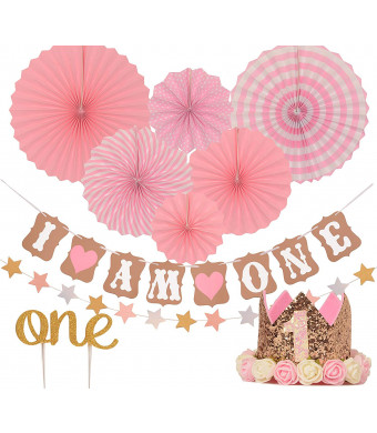 FIRST BIRTHDAY DECORATION SET FOR GIRL- 1st Baby GIRL Birthday Party, Stars Paper Garland, Gold Cake Topper"One", Pink Banner, Pink Fiesta Hanging Paper Fan Flower, Pink Baby Hat (Pink)