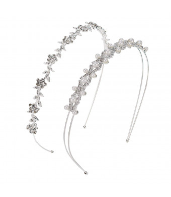 Pangda 2 Pieces Wedding Party Women's Faux Pearl Rhinestones Headband Flower and Leaves Crown Hair Band for Bride Bridesmaids