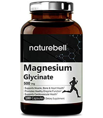 Maximum Strength Magnesium Glycinate 500mg, 180 Capsules, Powerfully Supports Muscle, Bone, Joint, Heart and Enzyme Function, Non-GMO, Gluten Free and Made in USA
