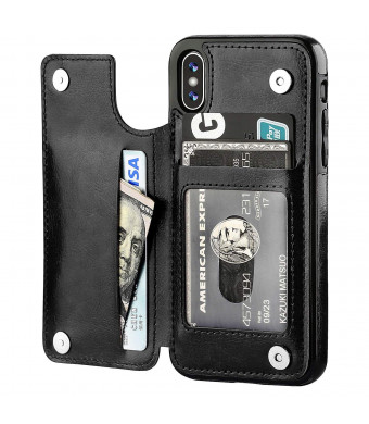 iPhone X Wallet Case with Card Holder,OT ONETOP Premium PU Leather Kickstand Card Slots Case,Double Magnetic Clasp and Durable Shockproof Cover(Black)