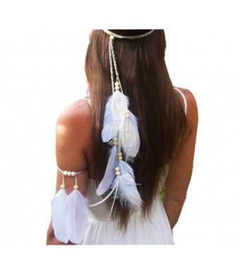 Set of 2 White Bohemian Feather Tassels Headband with Armband Gypsy Hippie Peacock Headwear Headdress Woman Girls Favorite Hair Accessories