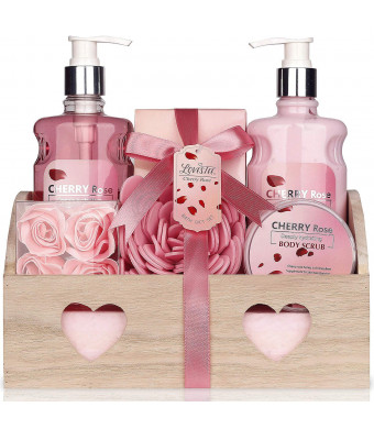 Relaxing Bath Spa Kit For Women, Men and Teens, Gift Set Bath And Body Works - Cherry Rose Aromatherapy Spa Gift Basket Includes Shower Gel, Body Lotion, Bath Salt, Body Scrub Eva Sponge, and Soap