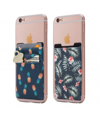 (Two) Stretchy Cell Phone Stick On Wallet Card Holder Phone Pocket For iPhone, Android and all smartphones. (PineappleandPalm)