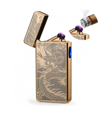 Dual Arc Plasma Lighter USB Rechargeable Windproof Flameless Butane Free Electric Lighter for Cigar,Cigarette,Candle (Gold Dragon)