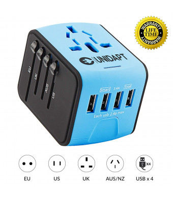 Unidapt Universal Travel Power Adapter, European Adapter, Fast 2,4A 4-USB Worldwide International Power Charger, AC Wall Plug Adapter  All in One for US, UK, EU, AUS and Asia