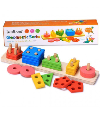 BettRoom Wooden Educational Preschool Toddler Toys for 1 2 3 4-5 Year Old Boys Girls Shape Color Recognition Geometric Board Blocks Stack Sort Kids Children Baby Non-Toxic Toy(14IN)