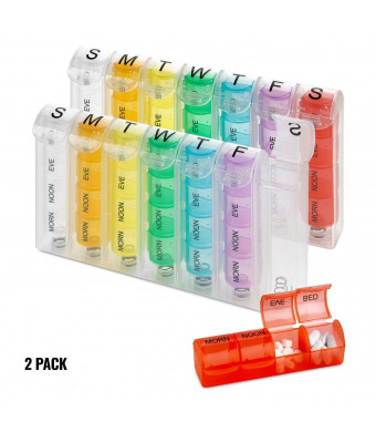 Weekly Pill Organizer - (Pack of 2) Pill Planners for Pills and Vitamins Each Day Week, Four Times-a-Day Medication Reminder, Easy to Read AM/PM Compartments Monday to Sunday for Travel and Purse