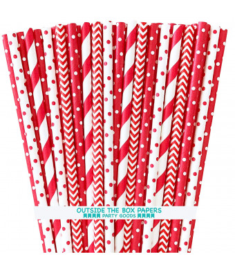 Paper Drinking Straws - Red and White - Stripe Chevron Polka Dot - 7.75 Inches - 100 Pack
