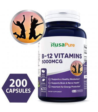 Best Vitamin B12 - 5000 MCG 200 capsules (NON-GMO and Gluten Free) - Max Strength Vitamin B 12 Support to Help Boost Natural Energy, Benefit Heart Function - 100% MONEY BACK GUARANTEE!