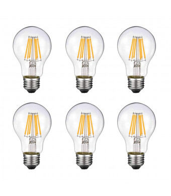 Vintage Edison LED Bulb, Dimmable 6W A19 Antique LED Bulb, 60 Watt Equivalent for Ceiling Fan and Pendant Lighting, E26 Clear Glass Cover, Soft Warm White 2700k, 550LM, Pack of 6(2 Year Warranty)