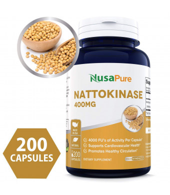 Pure Nattokinase 400 mg 200 capsules 4000 FU (NON-GMO and Gluten Free) Supports Cardiovascular Health, Natural Blood Thinner - Proudly Made in USA - 100% MONEY BACK GUARANTEE - Order Risk Free!