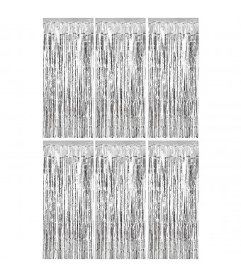 Sumind 6 Pack Foil Curtains Backdrop Fringe Tinsel Metallic Curtains Photo Backdrop for Wedding Birthday Party Stage Decor (Silver)