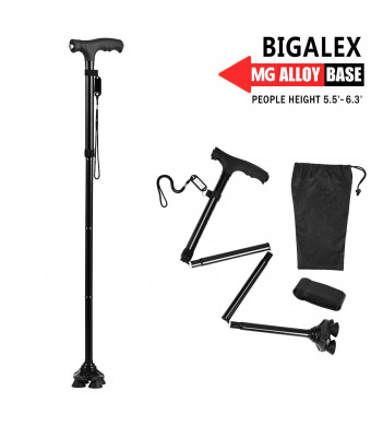 BigAlex Folding Walking Cane with LED Light,Pivoting Quad Base,Adjustable Walking Stick with Carrying Bag for Man/Woman