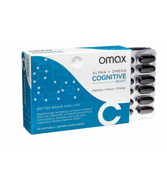 Omax Cognitive Boost Brain Health Omega 3 Alpha-GPC Supplement High DHA Omega 3, Alpha-GPC Improve Focus, Concentration, Mind, Energy and Mood, No Caffeine, 60 Softgels