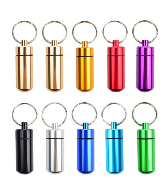 10 Pcs Portable Pill Case, Bantoye Waterproof Aluminum Pill Holders Storage Drug Container with Keychain for Outdoor Camping Traveling, Random Color