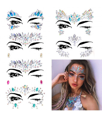 6 Sets Women Mermaid Face Gems Glitter,Rhinestone Rave Festival Face Jewels ,Crystals Face Stickers, Eyes Face Body Temporary Tattoos