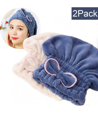 SweetCat 2PC Microfiber Hair Drying Caps, Extrame Soft and Ultra Absorbent, Fast Drying Hair Turban Wrap Towels Shower Cap for Girls and Women (Blue+Beige)