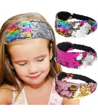 Sequin Headbands, Beinou Mermaid Reversible Sequins Headband Elastic Stretch Sparkly Glitter Fashion Headbands - Non Slip Velvet Lined Sports Fitness Head Band for Girls and Women Pack of 3