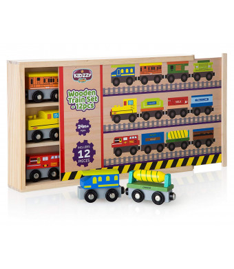 kidzzy toys 12 Pcs wooden railway trains set works with all major brands of magnetic train cars