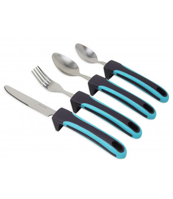 Adaptive Utensils Weighted (4-Piece Set) Non Slip Wide Handles for Hand Tremors, Arthritis, Parkinson's Disease or Elderly use | Cutlery Silverware - Knife, Fork, and Spoons