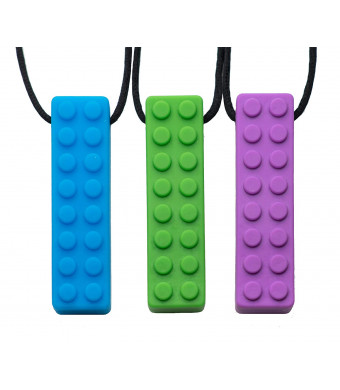 Chew Chew Sensory Lego Teether Necklace 3-Pack  Best for Autism, Biting and Teething Kids  Durable and Strong Silicone Chewy Toys - Chewing Pendant for Boys and Girls - Fidget Chewlery Necklaces